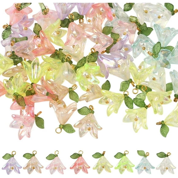 1 Box 48Pcs 8 Colors Lily Flower Charms 20mm Floral Acrylic Charm with Shell Pearl Beads Plastic Lily of The Valley Flower Pendants for Jewelry Making Supplies DIY Earring Bracelet Adults