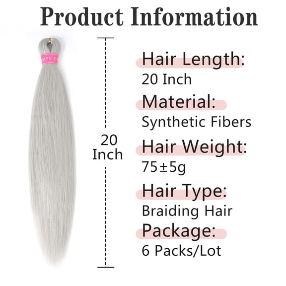 WEIF-Silver Braiding Hair Pre Stretched,20 Inch 6 Pack Prestretched Braiding Hair Extensions for Women Synthetic Soft Yaki Texture Crochet Braids Hair Extensions (Silver Grey)
