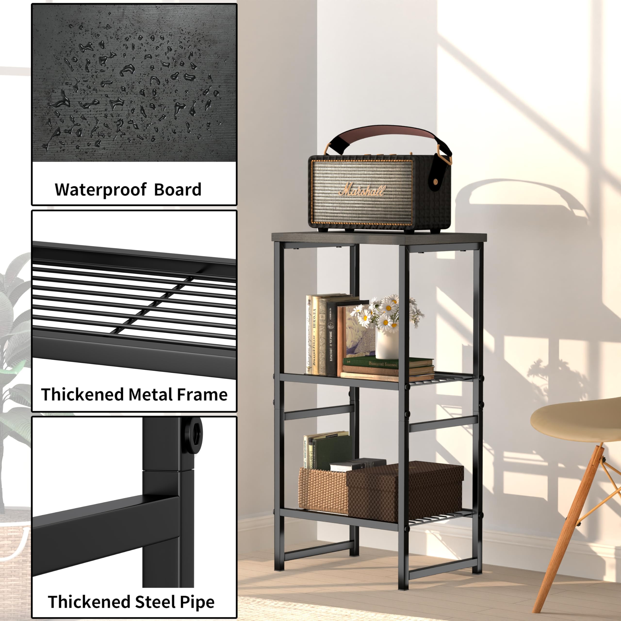 SUFAUY 3-Tier Printer Stand, Metal Shelving Unit for Under Desk with Wood Desktop, Black