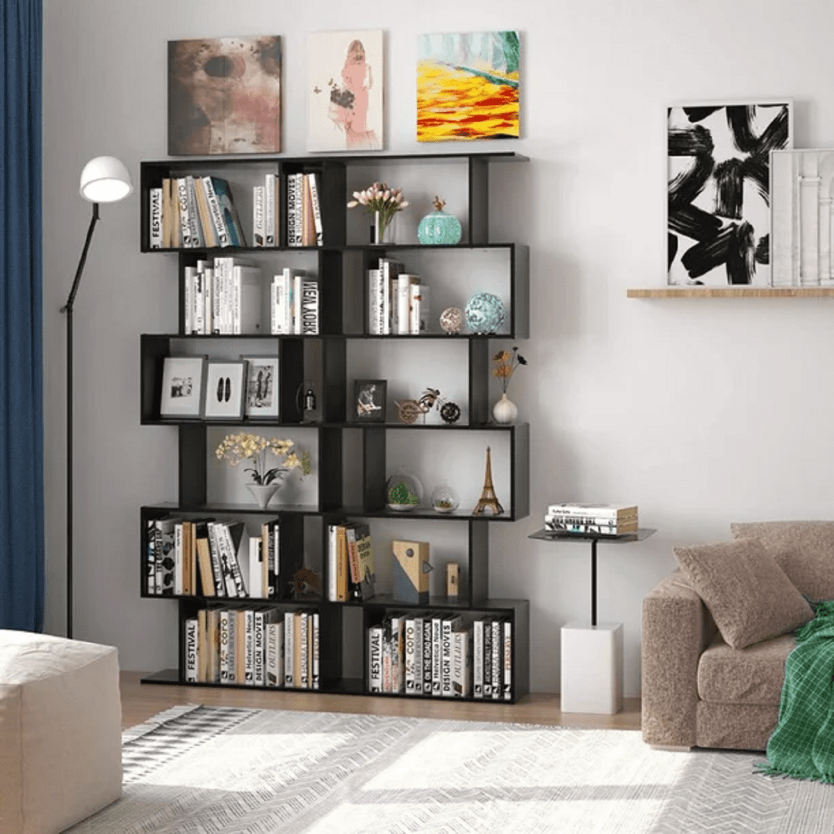 Homfa Geometric Bookcase Wooden Wood S Shape Storage Display Unit Bookcase Bookshelf 6-tier Storage, 75" H x 27.6" W, Black