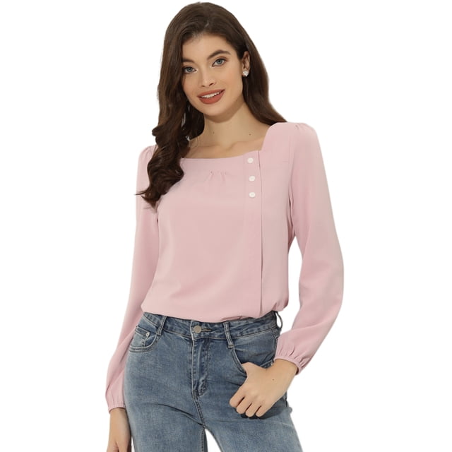 Blusa informal Allegra K de manga larga con cuello cuadrado y pliegues En la parte delantera para mujer Rosa L