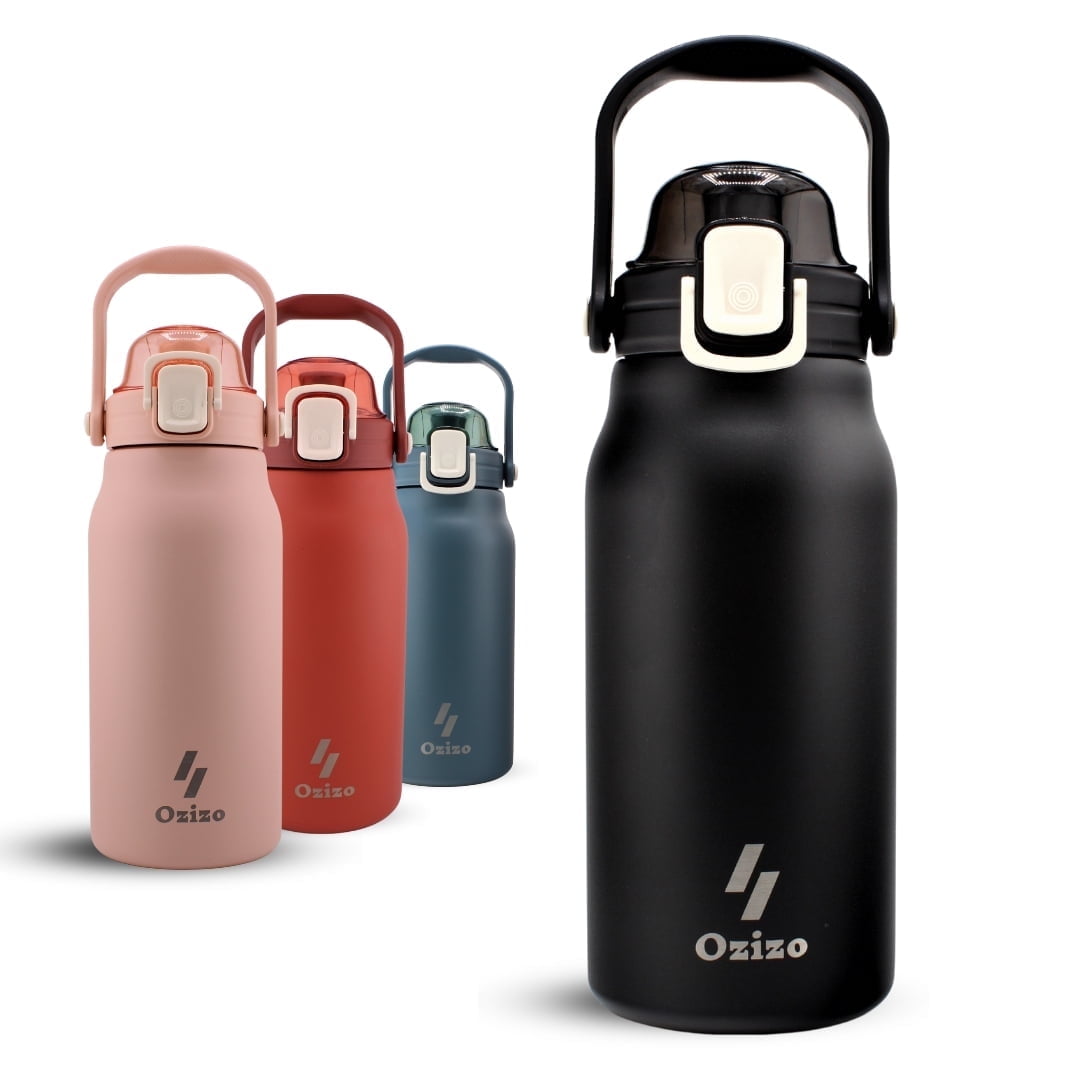 Ozizo 44oz Insulated Reusable Bottle with Straw, One-Click Flip Lid, and Handle, 2 Bottles