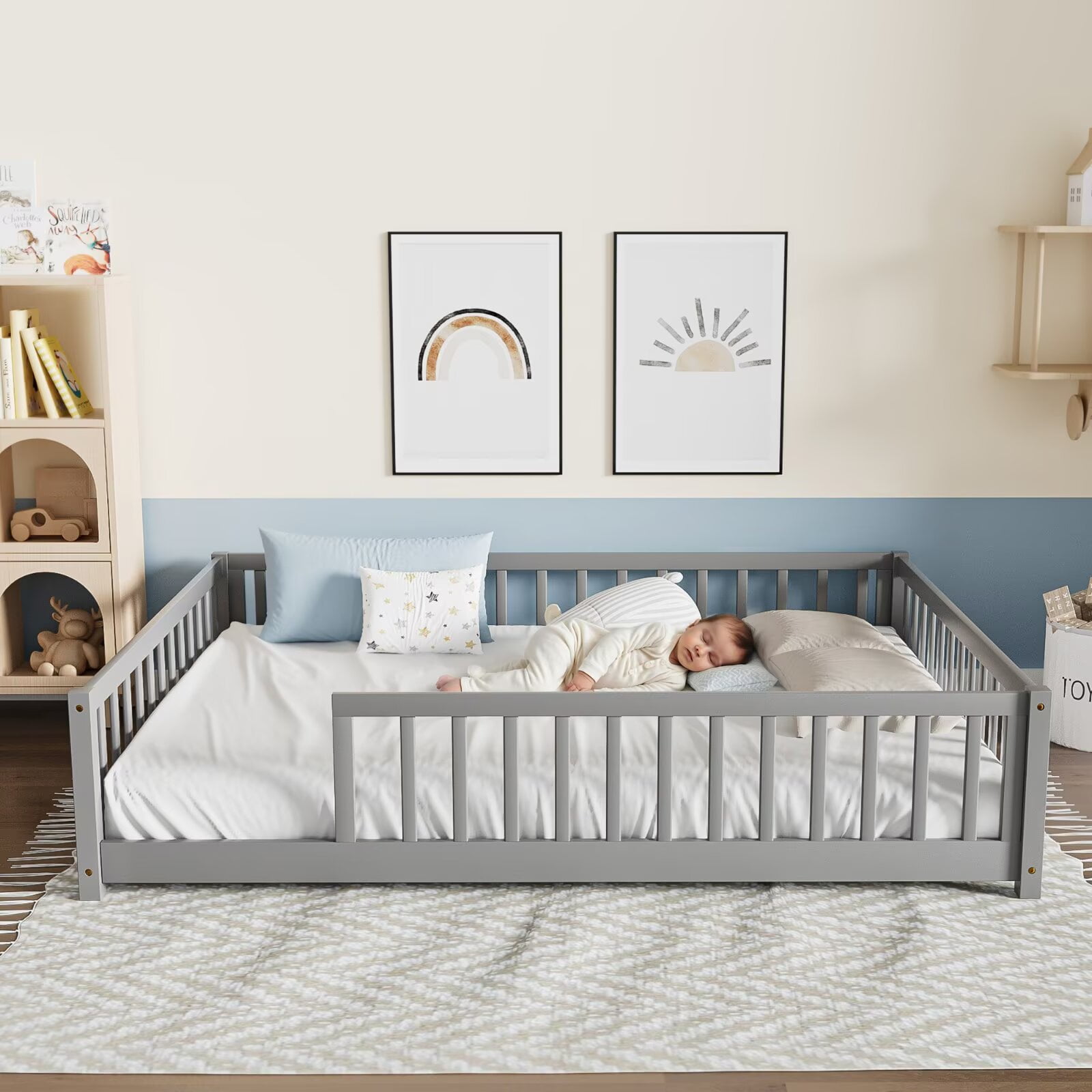Full Floor Bed for Kids Toddlers, Multifunctional Montessori Bed Frame with Safety Guardrails and Wood Slats, Without Door, Easy Assemble, Grey