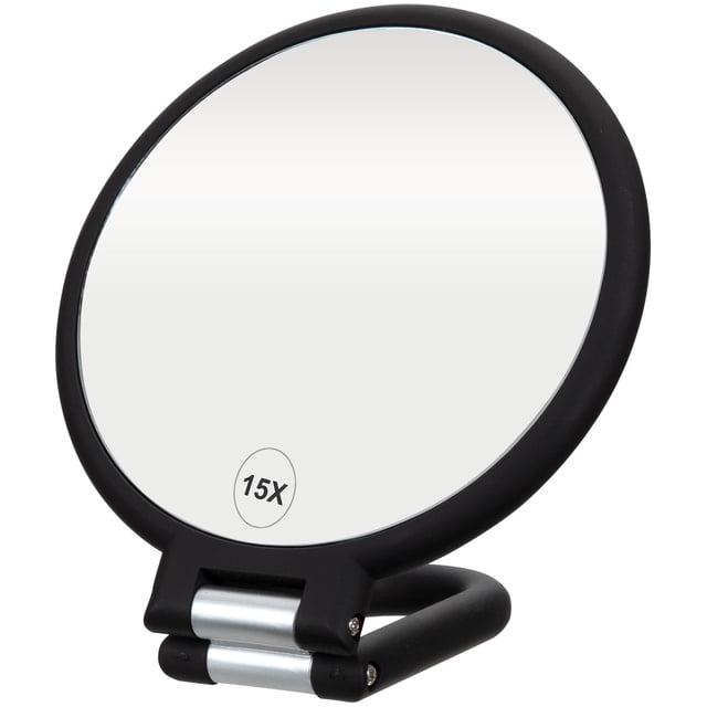 Espejo de Mano Premium con Aumento 1X/15X, Mango Plegable Ajustable - Ideal para Maquillaje y Viaje, Color Negro