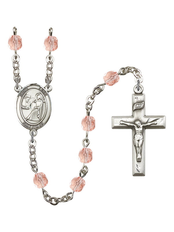 Luke the Apostle-Doctor Rosary with 6mm Garnet Color Fire Polished Beads Gift Boxed Silver Finish St Luke the Apostle-Doctor Center and 1 3/8 x 3/4 inch Crucifix St 