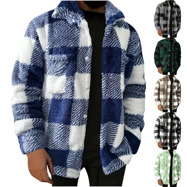 Jinhomg Fuzzy Jackets For Men Casual Button Down Plaid Shirt Jacket Long Sleeve Fleece Shacket With Pockets Blue,M