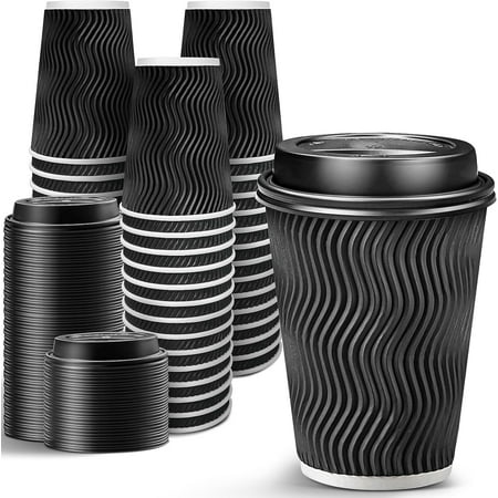 100 Pack 12 oz Disposable Coffee Cups with Lids, To-Go Paper Coffee Cups for Hot Beverage, Chocolate and Cocoa, Coffee Bar Accessories - Black