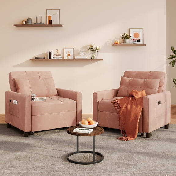 Space-Saving 3-in-1 Sleeper Chair, AIHO Convertible Armchair in Linen for Living Room, Study & Guest Room, Pink