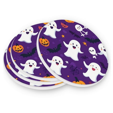 

Round Coasters Modern Style Ceramic Coaster Waterproof and Durable Drink Coaster Coasters set of 4 Customizable Coasters 4pcs Halloween Cute Ghost Pumpkin