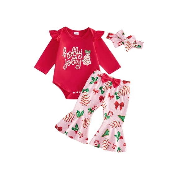 Cjfdfy Newborn Baby Girl Christmas Outfits Holly Jolly Print Long Sleeve Ruffle Romper Candy Print Flare Pants Headband 3Pcs Infant Cute My First Christmas Fall Winter Clothes 0-18M