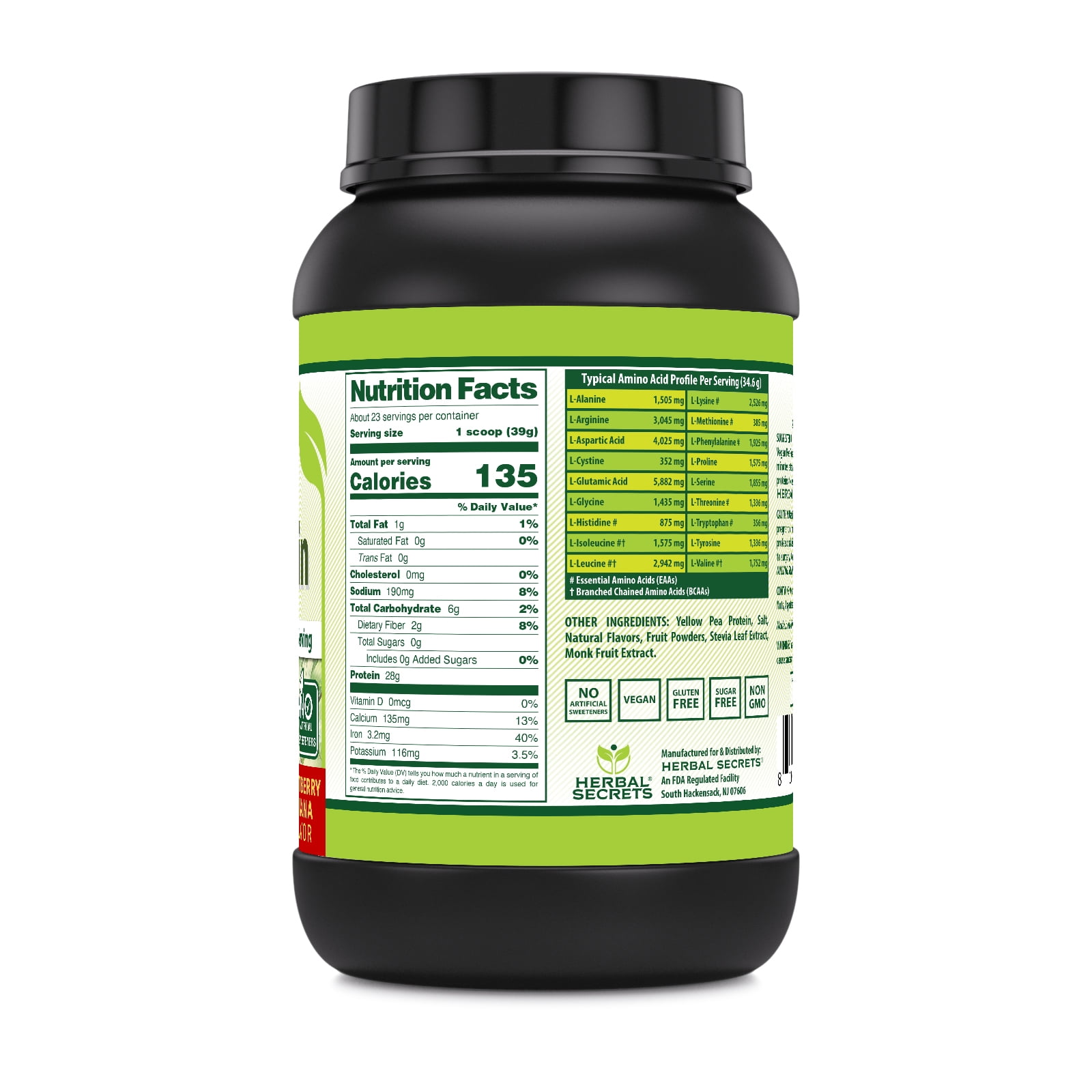 Herbal Secrets Vegan Protein Powder 2 Lbs Supplement | Strawberry Banana Flavor | 39 Gram per Serving | 23 Servings | Vegan | Made in USA