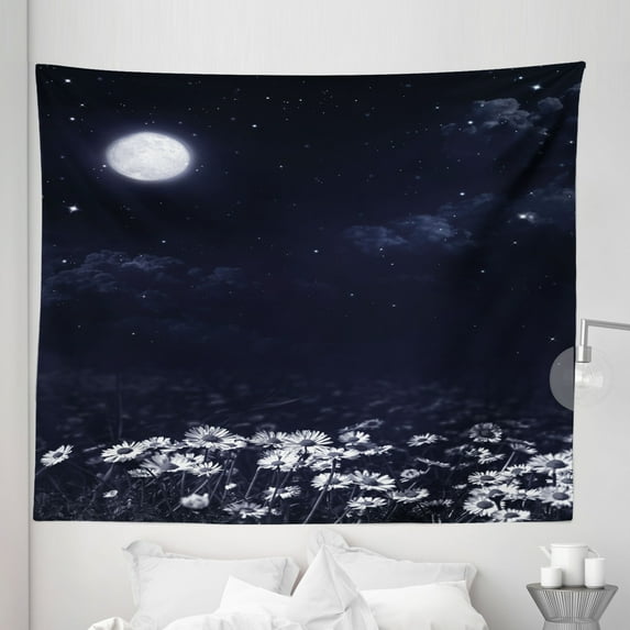Night Tapestry, Dark Night and White Daisies Fantasy Landscape Nature and Dreamlike Universe, Fabric Wall Hanging Decor for Bedroom Living Room Dorm, 5 Sizes, Dark Blue White, by Ambesonne