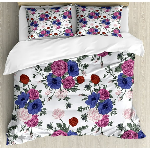 Anemone Flower Duvet Cover Set, Bouquets of Roses Anemones Eustoma Colorful Corsage Bedding Plants Design, Decorative 3 Piece Bedding Set with 2 Pillow Shams, Queen Size, Multicolor, by Ambesonne