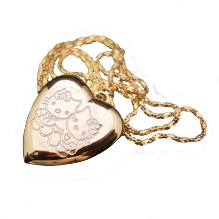 Glass Gold Foil Heart Pendant - Hello Kitty Heart Shape Goldtone Anti-Tarnish Locket Necklace Watch, HK-H