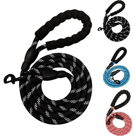 Rope Leash for Dogs with Comfortable Soft Padded Handle, Reflective Dog Leashes for Puppies, Small, Medium & Large Dogs (Black Leash, 5.9 FT x 1/2 in)
