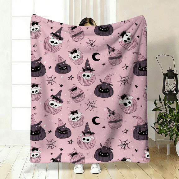 Soft Flannel Halloween Blanket, Pink Black Witch Hat Bats Pumpkins, Cozy All-Season Throw for Couch Bed Camping, Perfect Spooky Gift for Women
