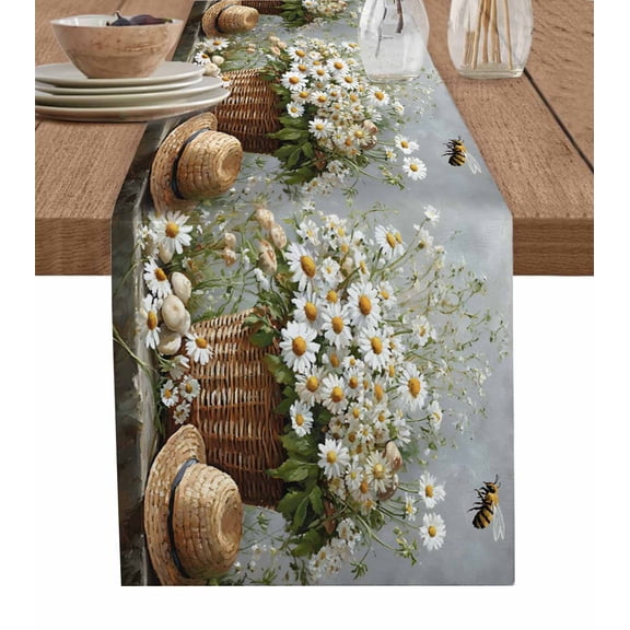 ERUNPONLY Spring Floral Table Runner - 70 Inch Long Summer Flowers Pastoral Bee Cotton and Linen Blended Dress Scarves Farmhouse Table Runner for Kitchen Dining, Coffee Table, 13"x70"