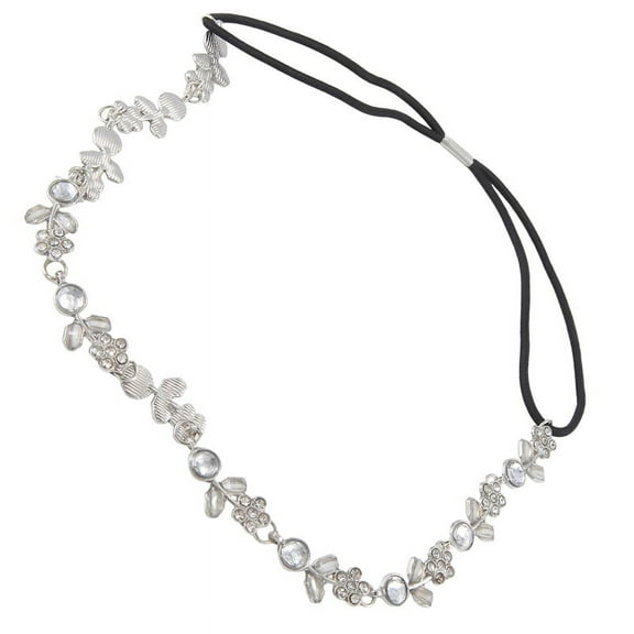 Hair Headband Elegant Elastic Headband with Rhinestones Flowers for Women - Silver y10049