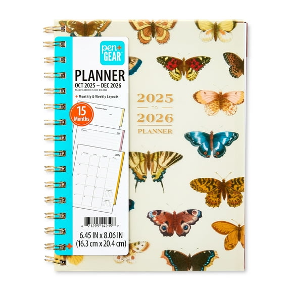 Pen+Gear 15-Month Monthly Planner, 6.45" x 8.06", Multicolor Butterfly, October 2025-December 2026
