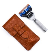 Parker Safety Razor 5 Blade Gillette Fusion Compatible Travel Razor with Luxurious Saddle Leather Case