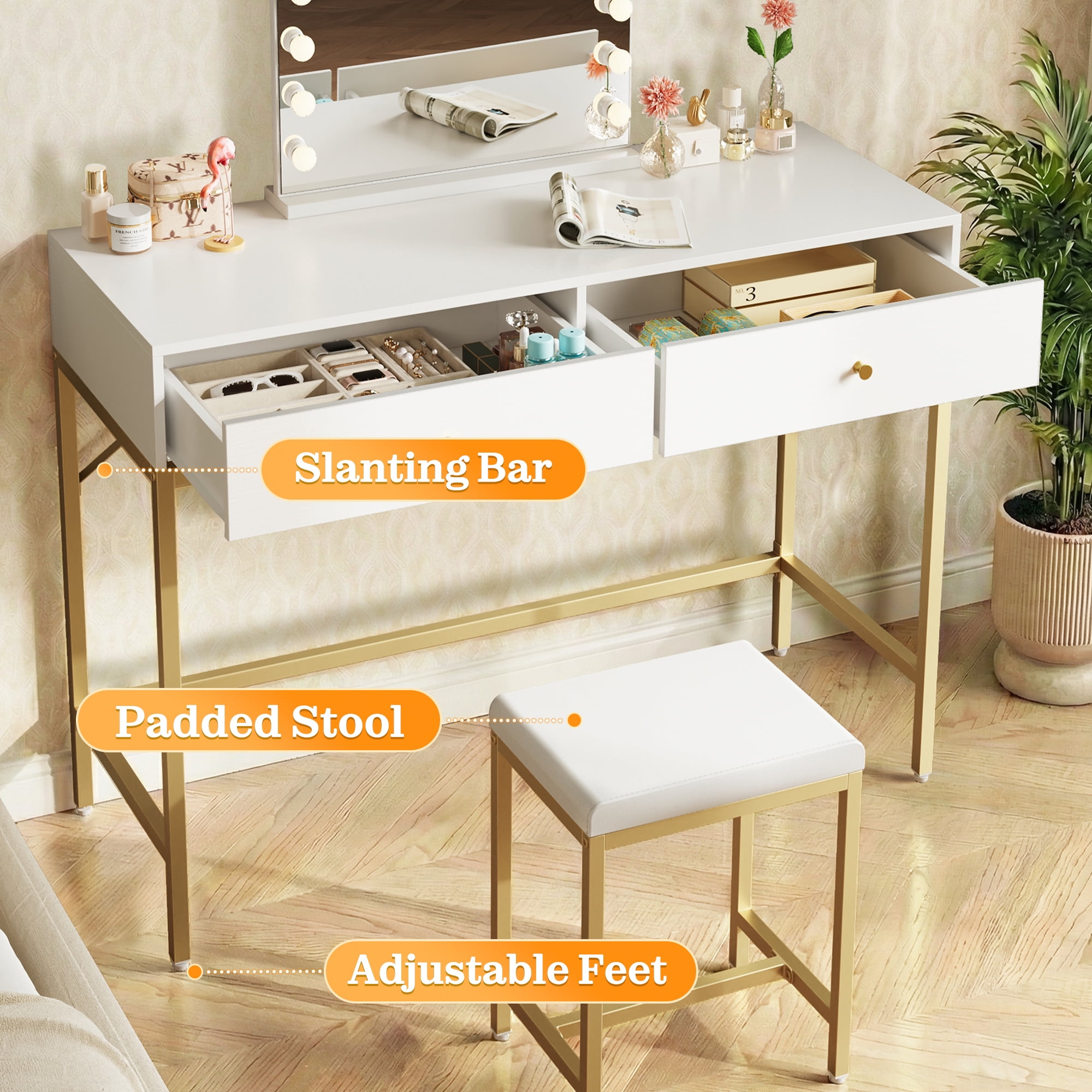Amadwell 35.4 Inches White and Gold Desk with 2 Drawers, Vanity Desk with Padded Stool, Bedroom