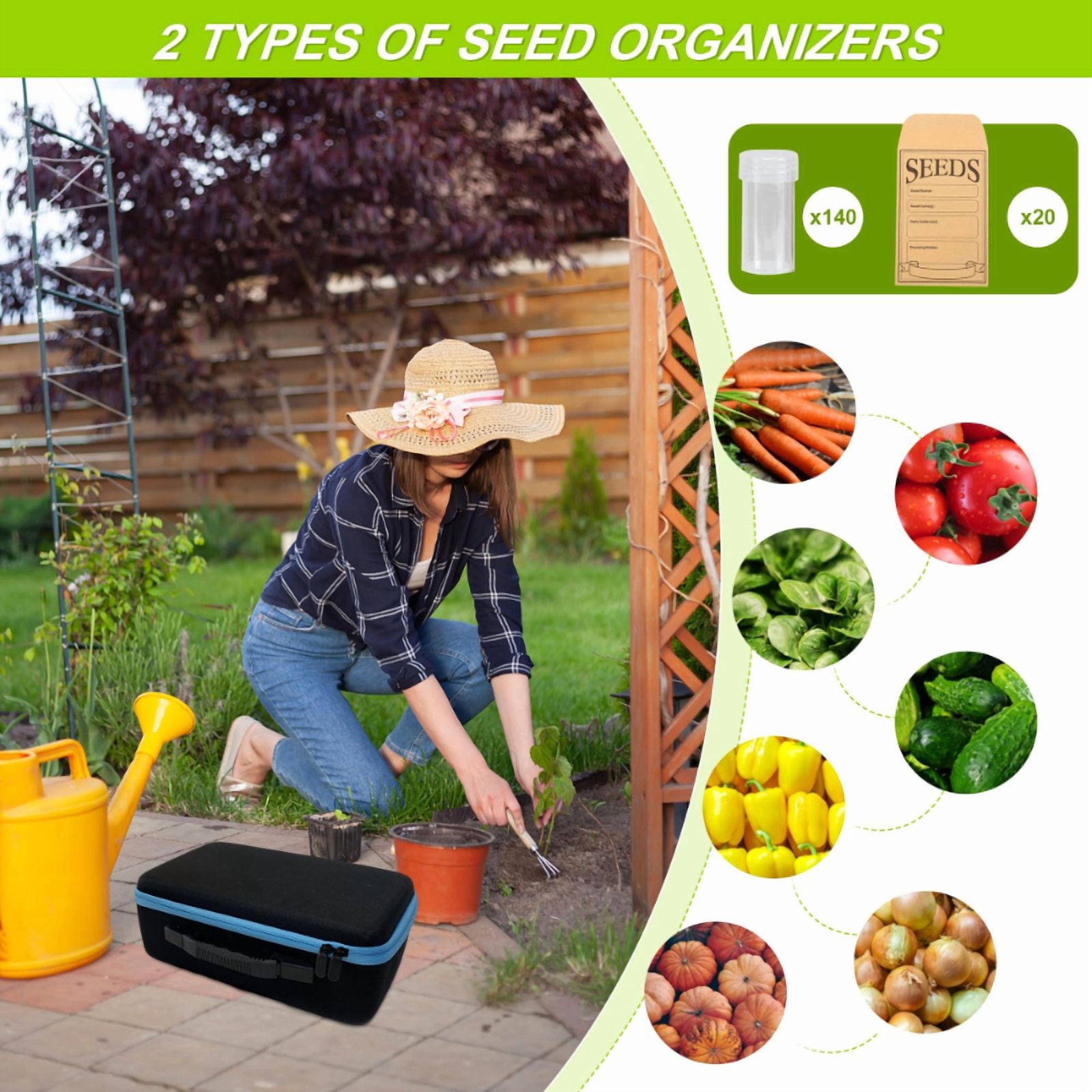 140-Slots Seed Storage Box with 20 Seed Envelopes, Portable Zipper Bag & Complete Accessories Including Labels, Tweezers and Funnel – Seed Organizer for  Vegetables and Flowers. Seeds not included.