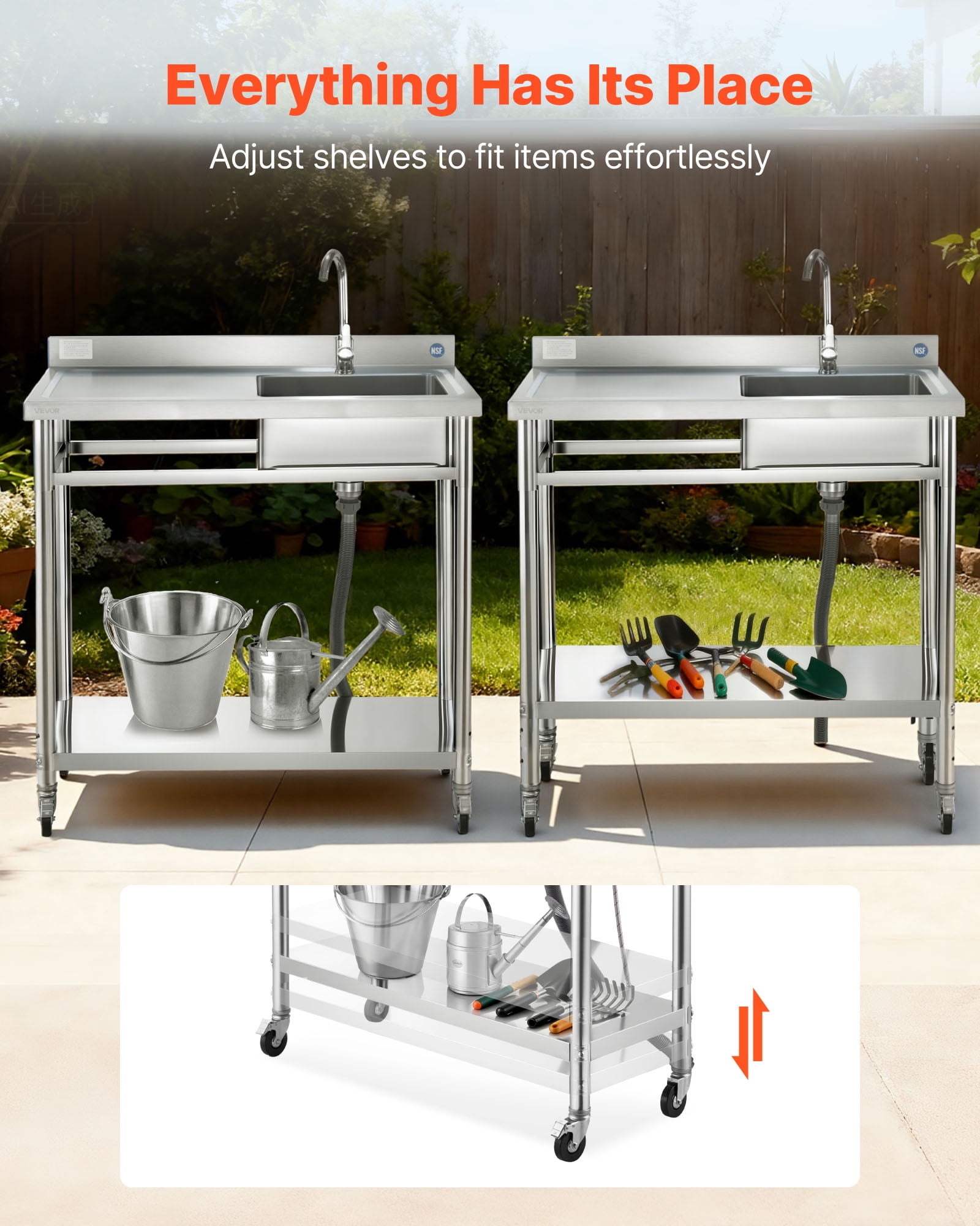 VEVOR Stainless Steel Utility Sink,Rolling Single Bowl Commercial Kitchen Sink with Wheels,Faucet and Hot & Cold Water Pipe,Utility Basin Workbench for Garage Restaurant Laundry 39.4 x 19.7 x 41.5 in