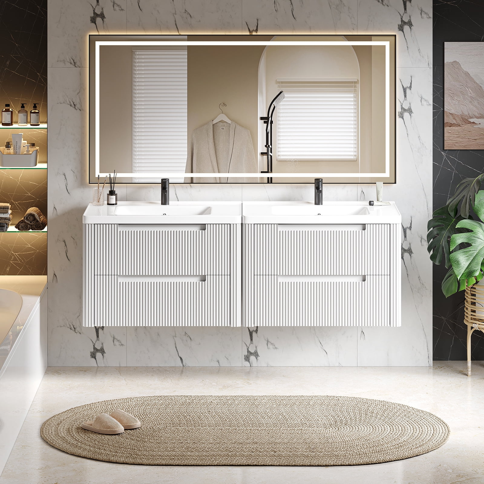 ROGALIS 32" Modern Bathroom Vanity, 2-Drawer, glossy resin Sink, Fluted Design,White