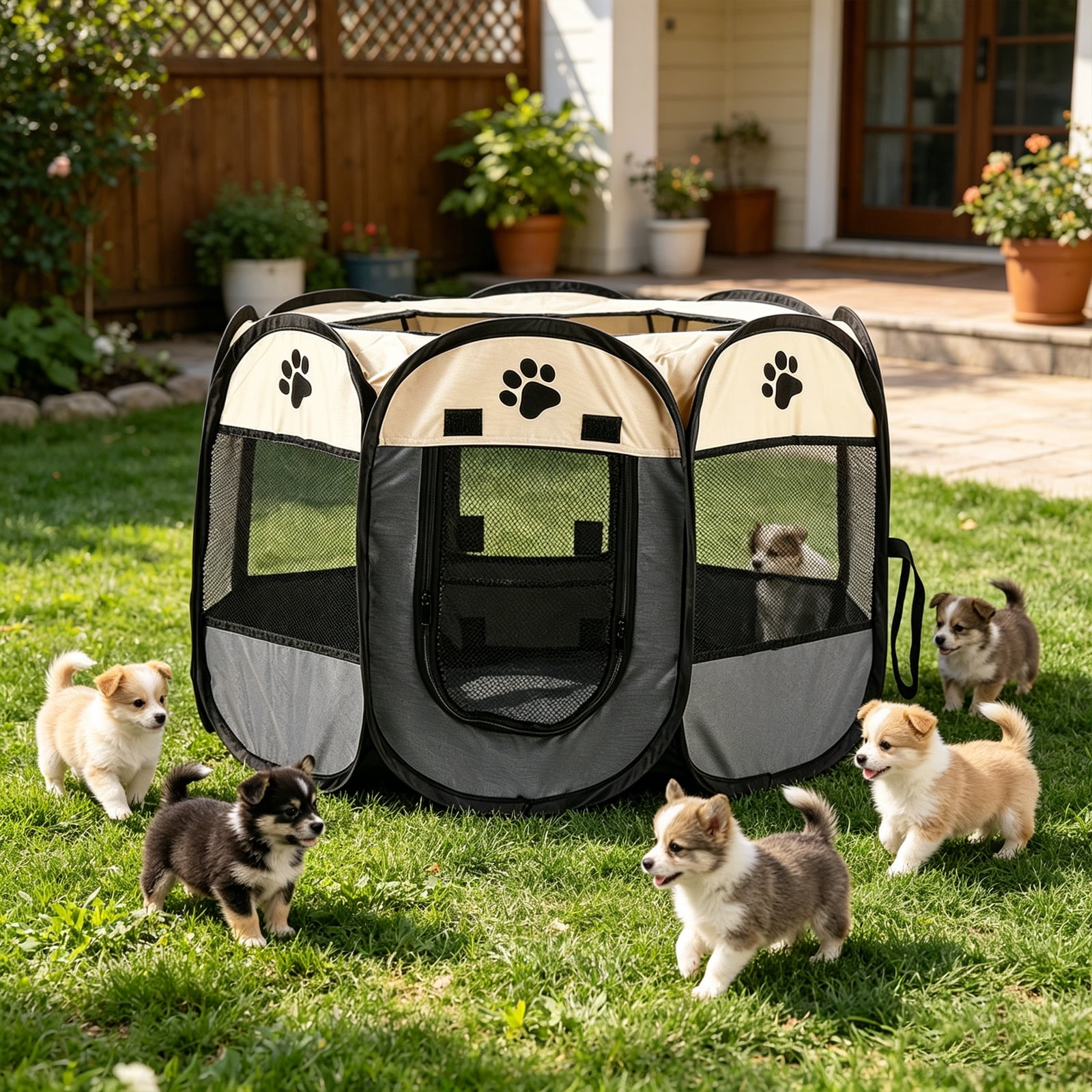 Portable Pet Playpen for Small Medium Dogs & Cats Foldable Dog Cat Exercise Pen with Removable Zipper Top for Indoor Outdoor Travel Camping Grey