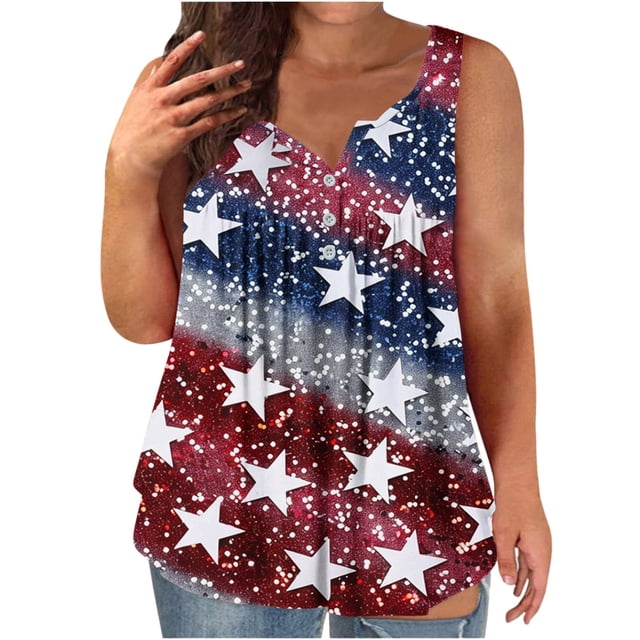 KIHOUT Plus Size Women's 4th of July Tank Top V Neck Button Sleeveless Front Ruffled Print Tunic Tops Navy XL