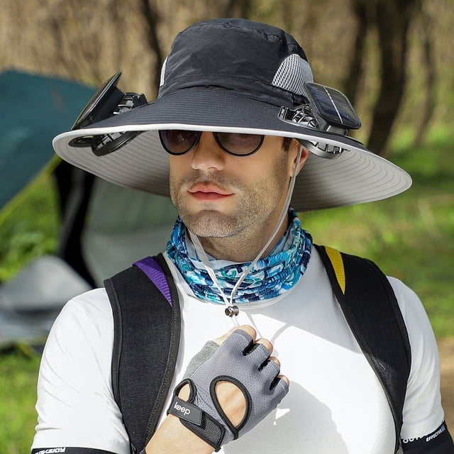 HLONK Detachable Solar-Powered Fan Hat with Dual Propulsion Cooling - Large Brim Sun Protection Breathable Textile Material Machine Washable for Men‘s Outdoor Hiking Fishing & Camping