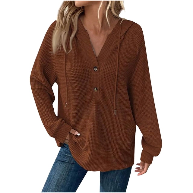 Women's Waffle Hoodie 2025 - Button V-Neck Design | Drawstring Casual Long Sleeve Pullover
