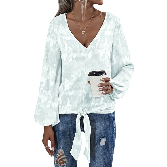 Women Tie Dye Print Long Sleeve V Neck Knotted Hem Chiffon Shirt