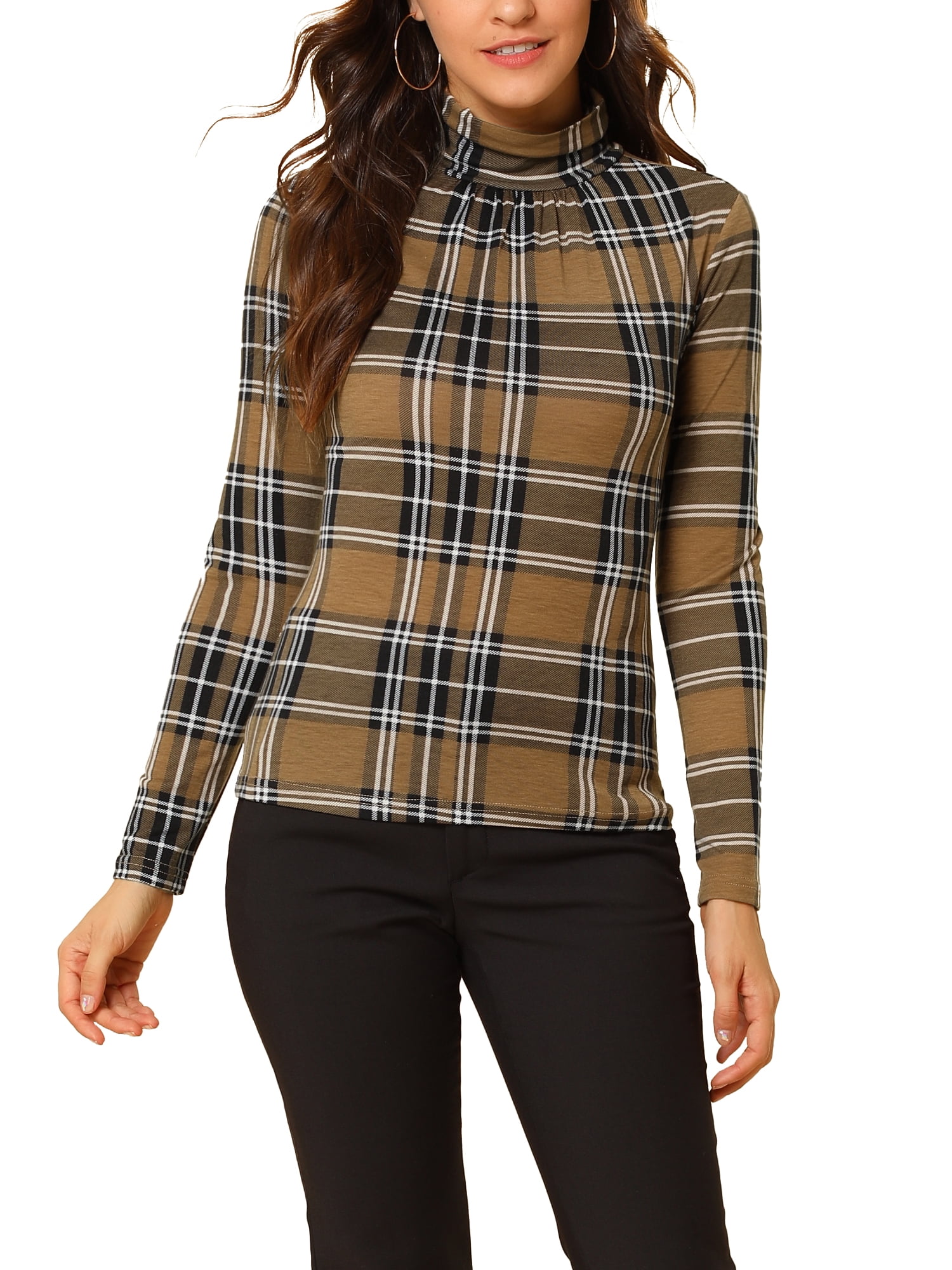 DARING DIVA Turtleneck Long Sleeve Slim Shirt Blouse L Brown
