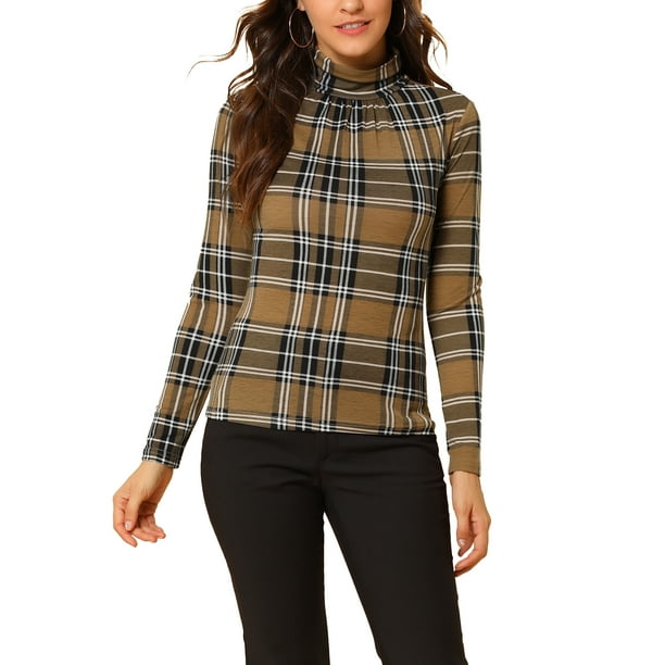 INSPIRAR CHIC Blusa de Mujer Ajustada Cuello de Tortuga con Pliegues en la Parte Frontal de Manga Larga Top de Punto XS Marrón