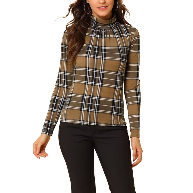 INSPIRAR CHIC Blusa de Mujer Ajustada Cuello de Tortuga con Pliegues en la Parte Frontal de Manga Larga Top de Punto XS Marrón