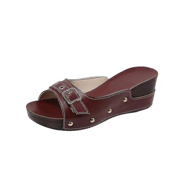 Women Summer Mid Heel Wedge Sliders Casual Peep Toe Buckle Slippers Shoes