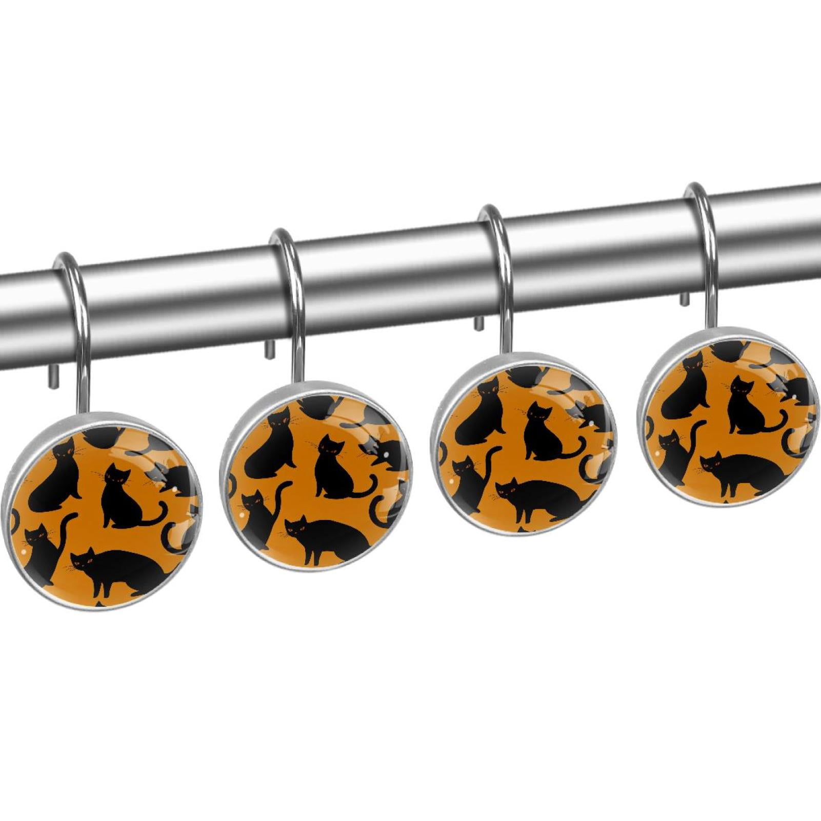 Black Cats Silihouette Shower Curtain Hooks Round Crystal Glass, Set of 12 Shower Curtain Rings - Shower Hooks for Curtain Shower Rings