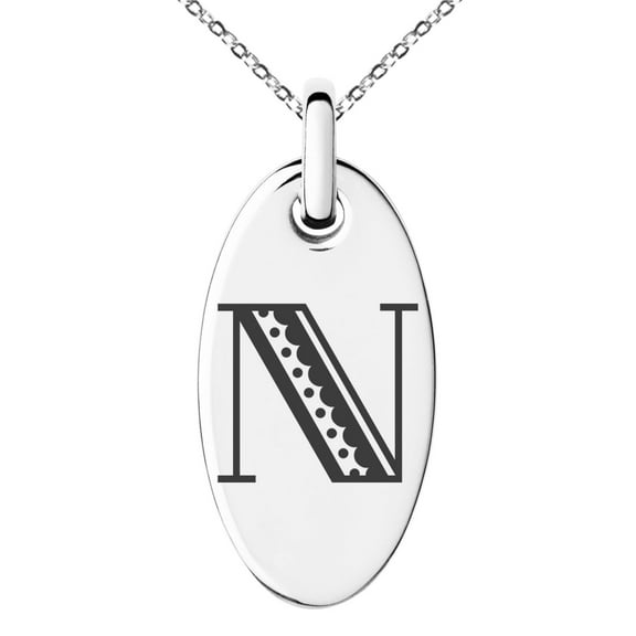 Stainless Steel Letter N Initial Metro Retro Monogram Engraved Small Oval Charm Pendant Necklace