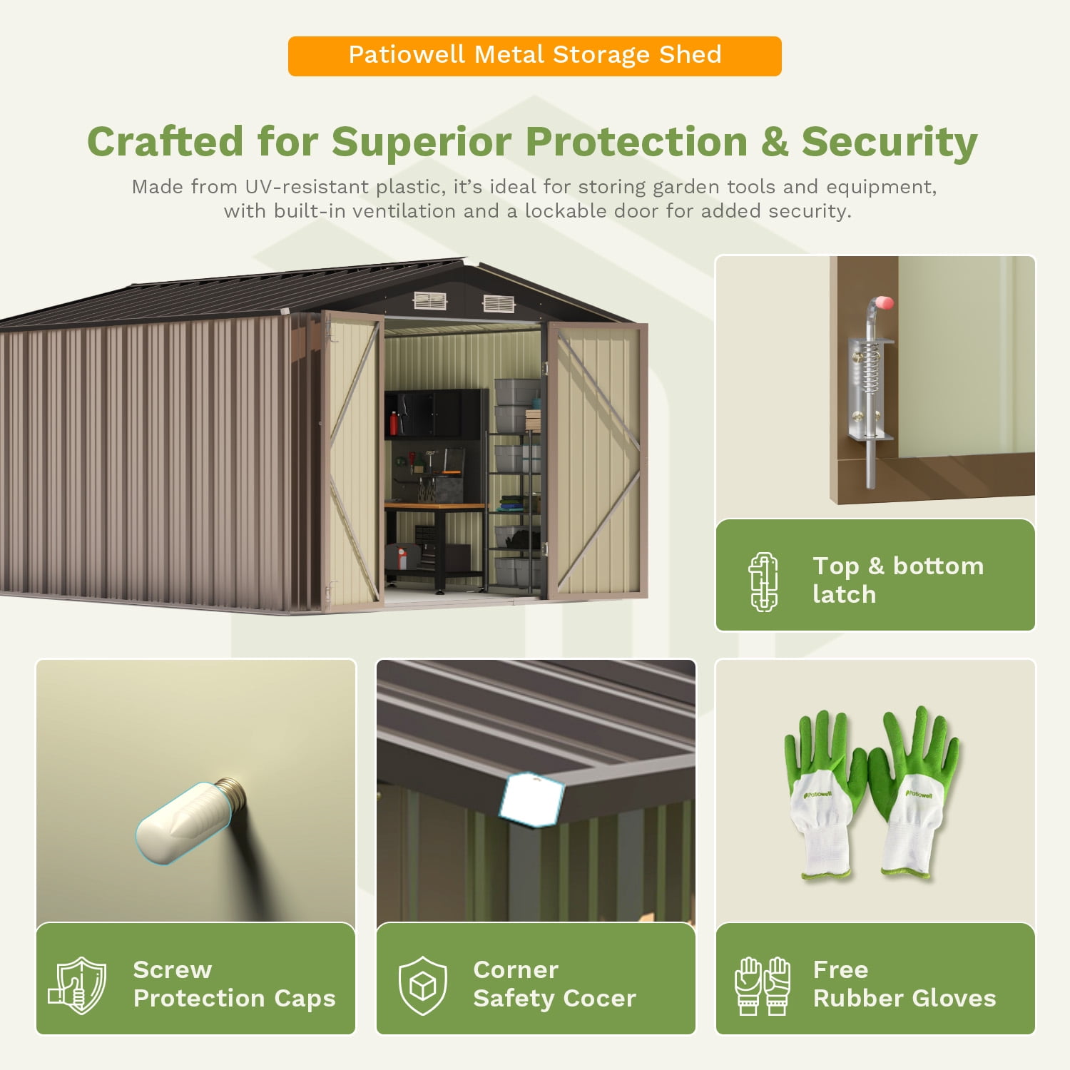 Patiowell 12'x10' Metal Outdoor Storage Shed with Double Lockable Doors & Air Vent for Garden, Backyard, Patio, Brown