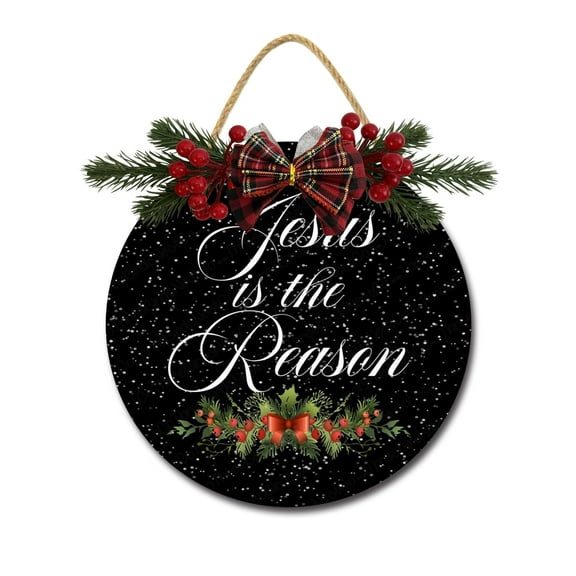 Front Door Porch Decorations Jesus Is The Reason Door Hanging Sign 12 inch Wooden Wall Sign, Rustic Holiday Wreath Decor for Front Door Porch Home Window Wall Farmhouse Decorations