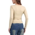 thumbnail image 3 of Women's Square Neck Tops Long Sleeve Shirred Fitted Stretch Casual Basic Blouse L Gray Beige, 3 of 6