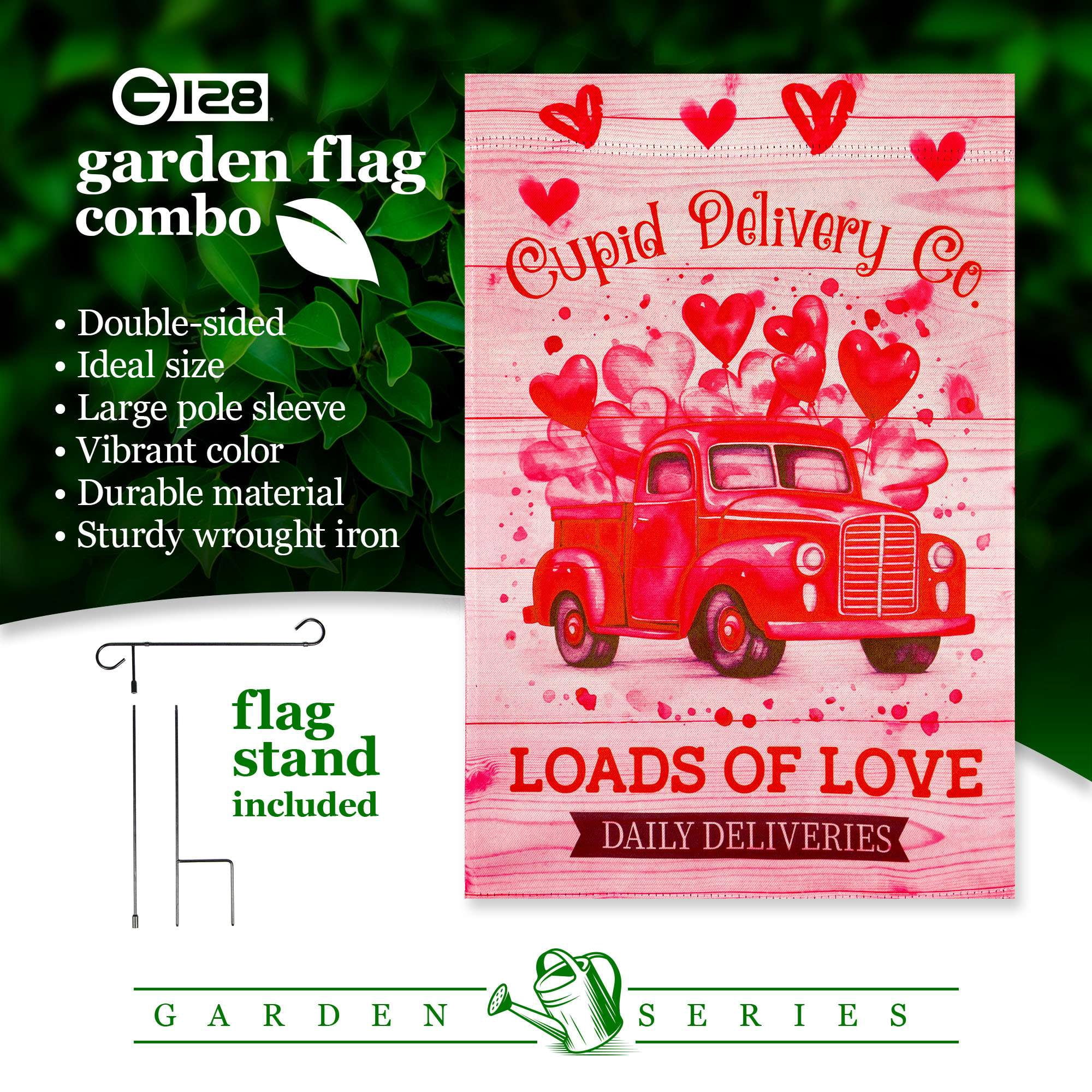 G128 Combo Pack Garden Flag Stand Black 36x16IN & Garden Flag Valentine’s Day Cupid Delivery Truck Printed 12x18IN Double Sided Yard Garden Lawn Decoration