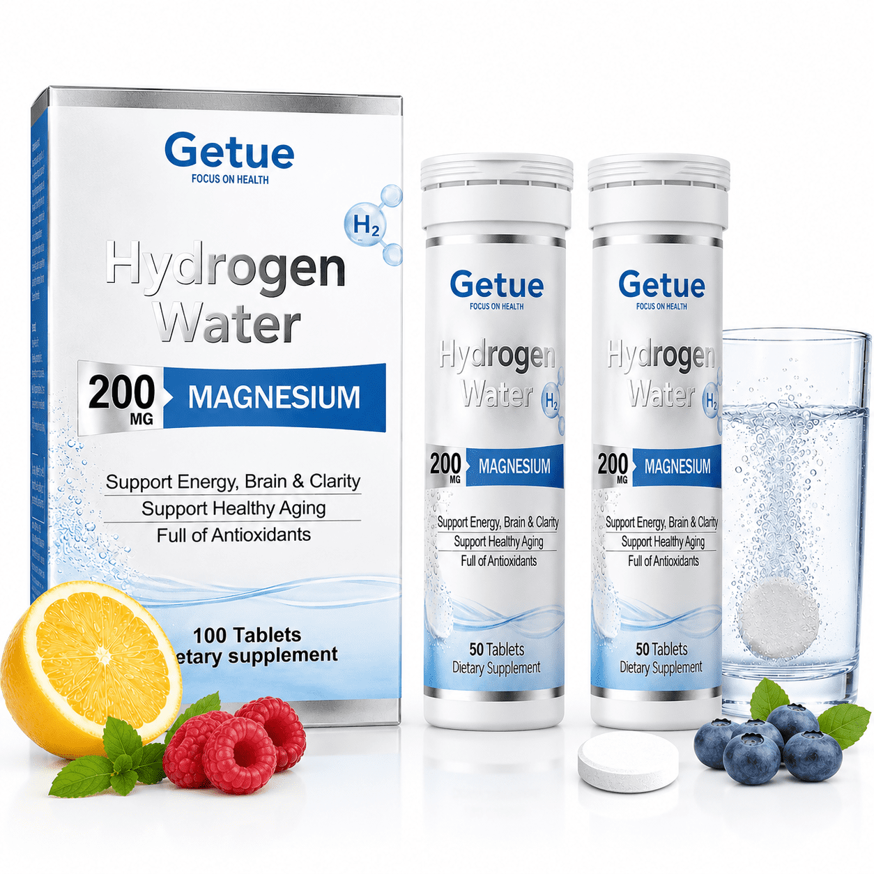 Getue Raspberry Hydrogen Water Tablets 100 Count, 200mg Magnesium Dietary Supplement for Energy Brain Clarity and Healthy Aging Support