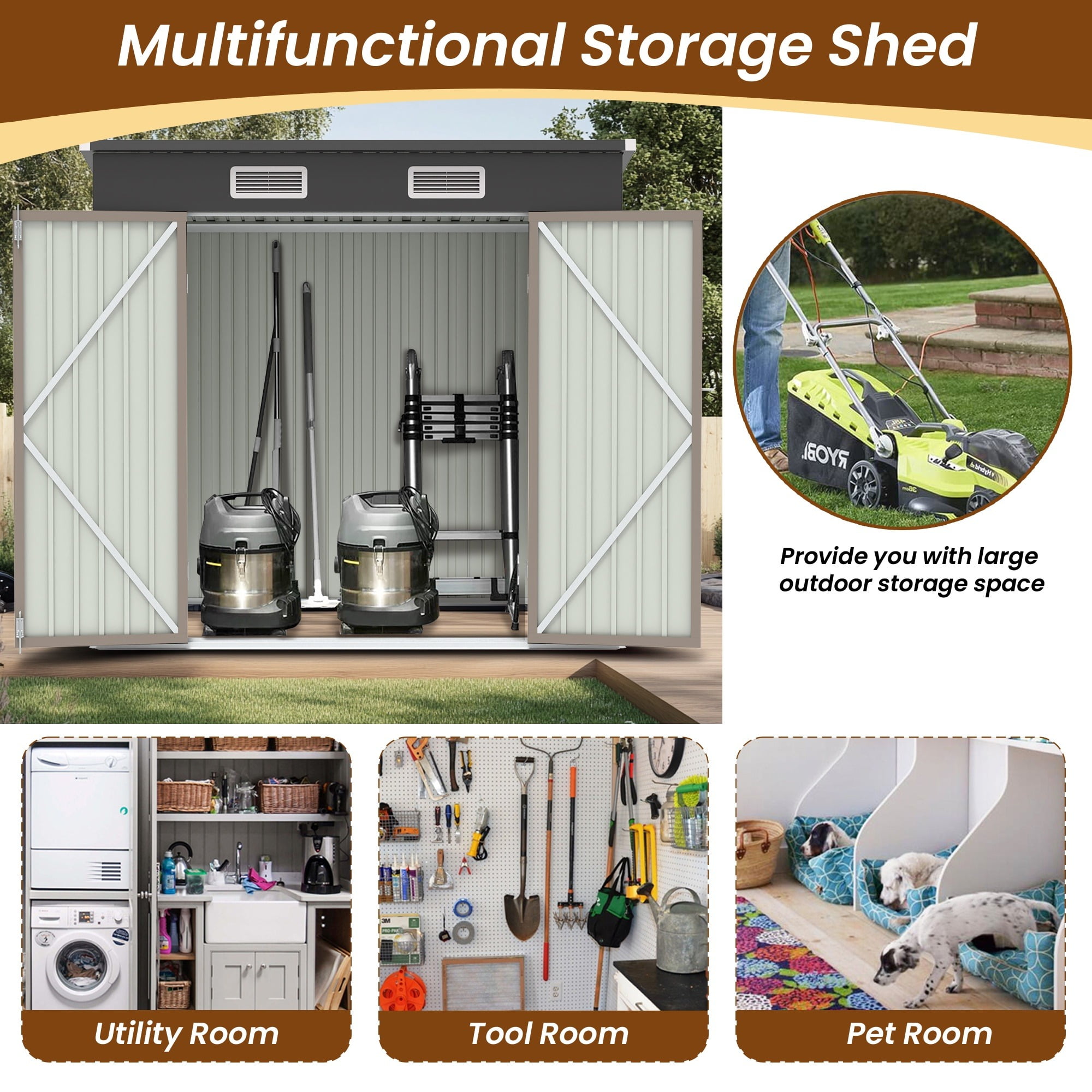 Segmart Outdoor Storage Shed, 6x4 FT Galvanized Steel Metal Bike Shed with Lockable Door, Waterproof Outdoor Garden Storage Tools Shed with Apex Roof, for Garden, Backyard, Brown
