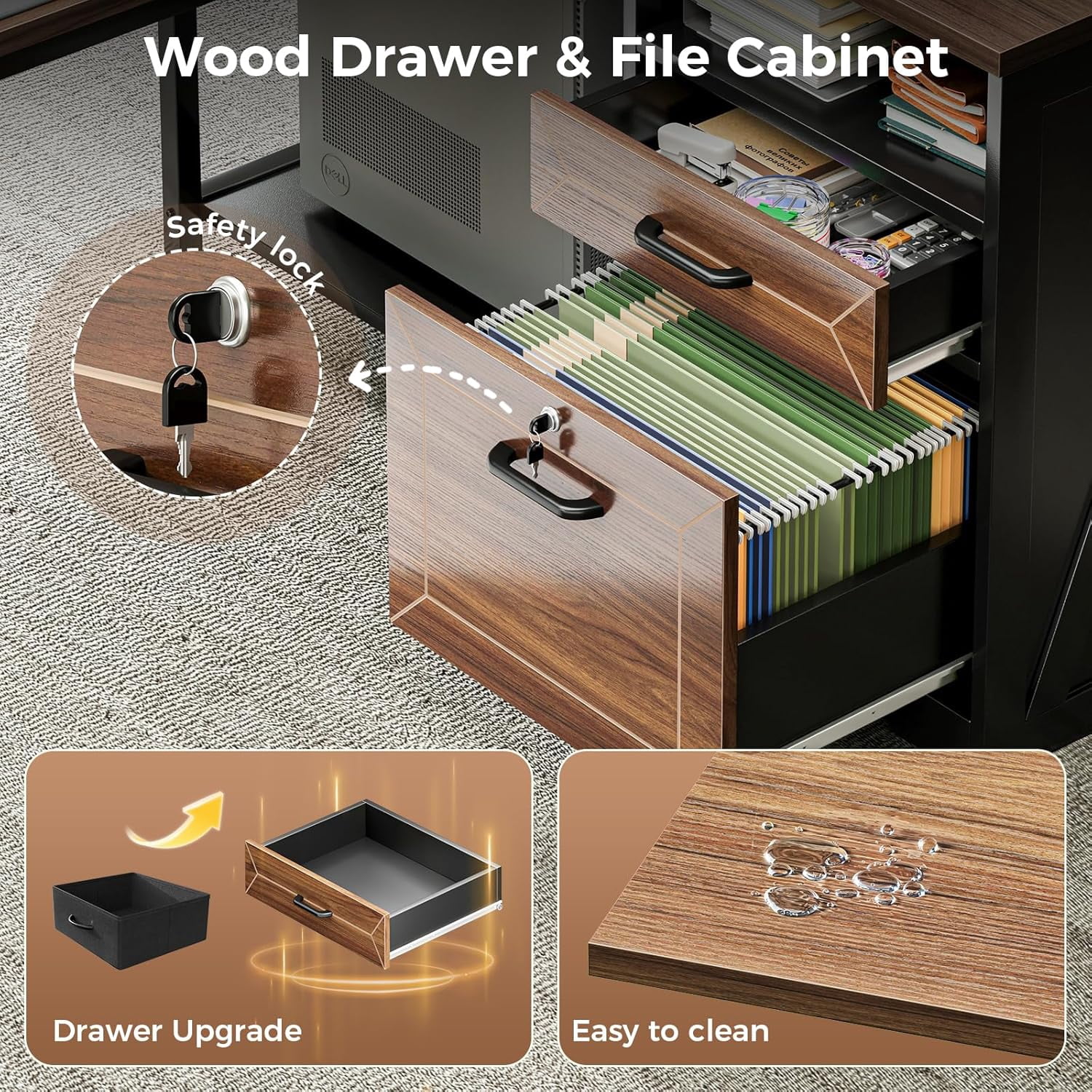 AODK 61 Inch L Shaped Desk with Drawers & lockable File Cabinet, Farmhouse Executive Office Desk with Led Lights & Power Outlet, Computer Desk with Storage Shelves,Monitor Stand and CPU Stand, Walnut