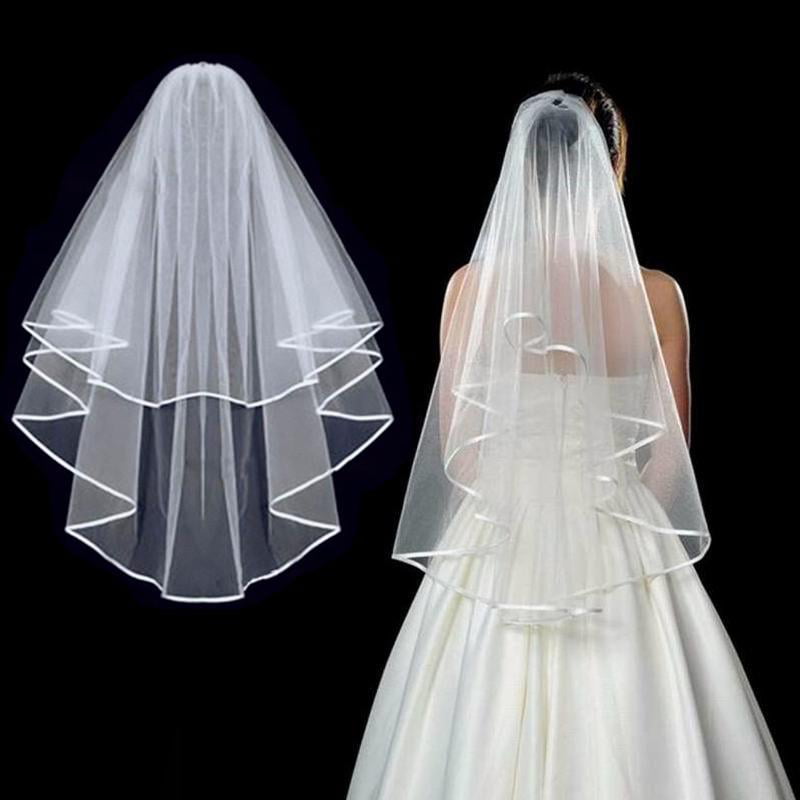 BessWedding Womens Tulle Two Layer Ribbon Edge Bridal Wedding Veil with Comb