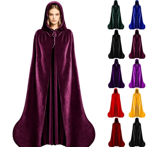 JOANKDMI Adult Long Velvet Hooded Cloak Full Length Cape with Drawstring Tie for Halloween Cosplay Fairytale Princess Costume Pagan Wiccan Maxi Robe Dress Up