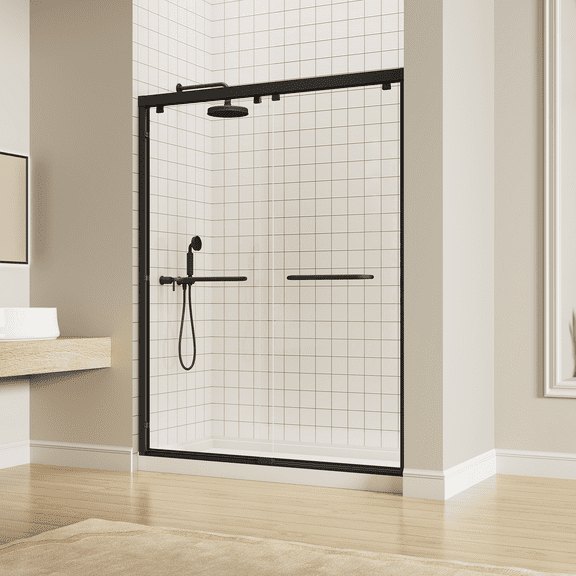 KOSMONIA Semi-Frameless Double Sliding Shower Door 56-60"W x 76"H,Bathroom Glass Shower Door with 5/16" (8mm) Clear Nano Easy Clean Coating Tempered Glass,Stainless Steel Hardware,Color Matte Black