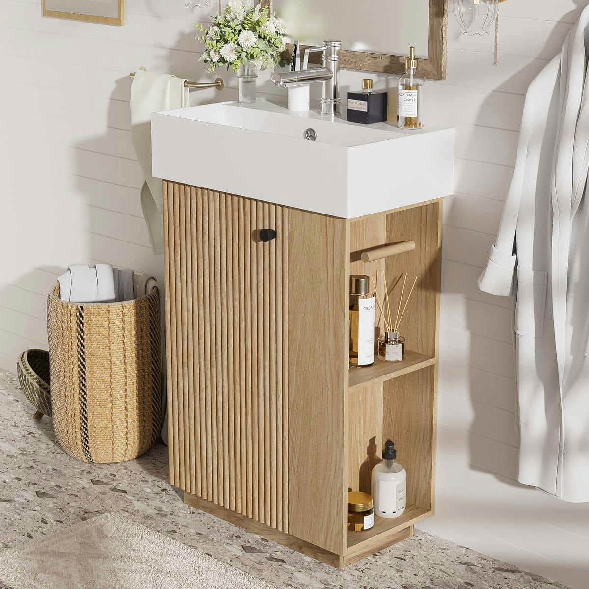 GVN Bathroom Storage Vanity,Bathroom Floor Cabinet,21.6" Bathroom Vanity with Ceramic Sink, Freestanding Modern Left Door Wood Grain Cabinet, Brown